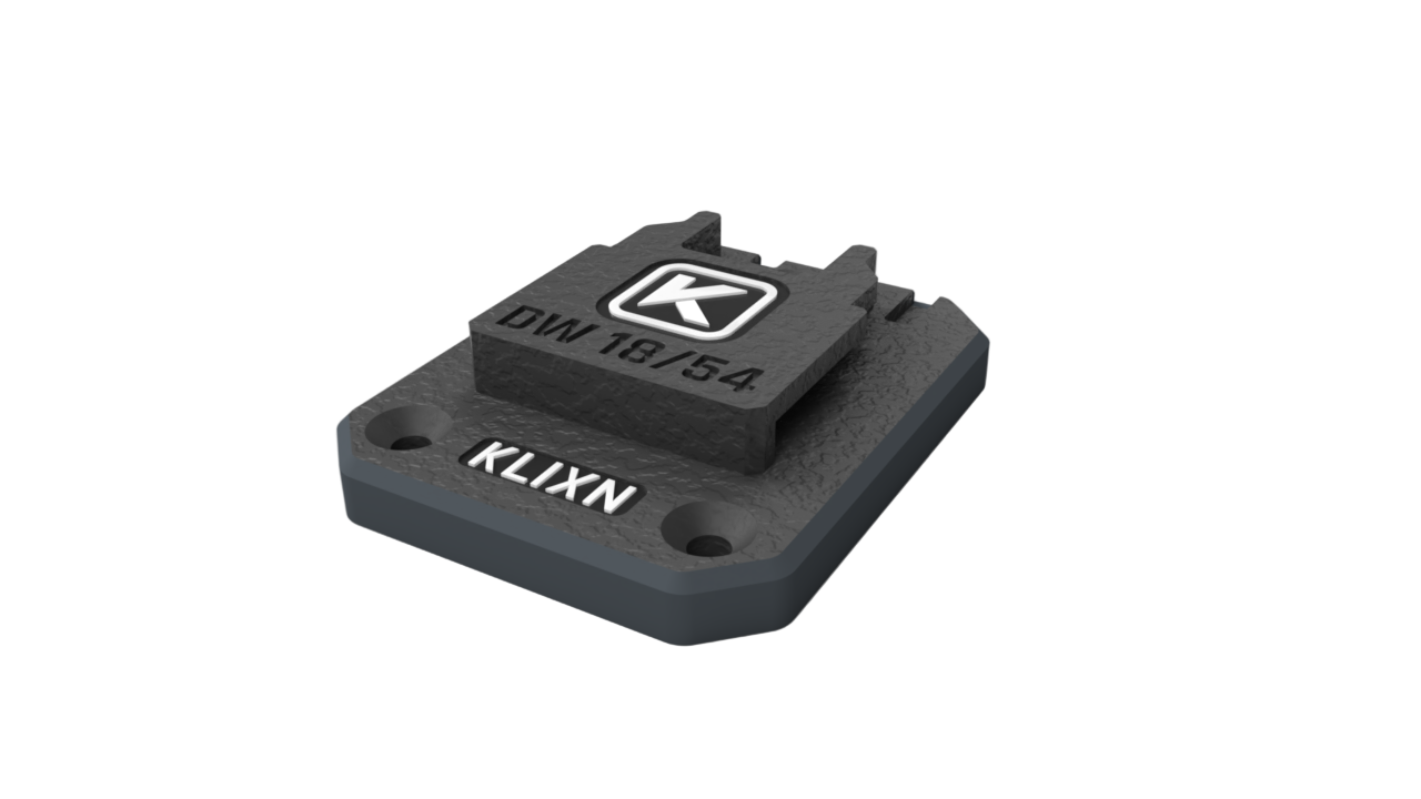 Black Klixn mounting bracket on a white background